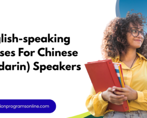 Blue and brown Modern image with a person holding books and "English-speaking Courses For Chinese (Mandarin) Speakers written" on it