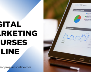 Blue image with an iPad on display and digital marketing courses online written on it.